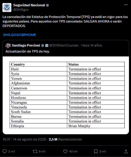 Posteo oficial del Departamento de Seguridad Nacional anunciando que el TPS ya no ten&iacute;a vigencia para los refugiados de Hait&iacute;, Honduras,Nicaragua y Venezuela, entre otros pa&iacute;ses