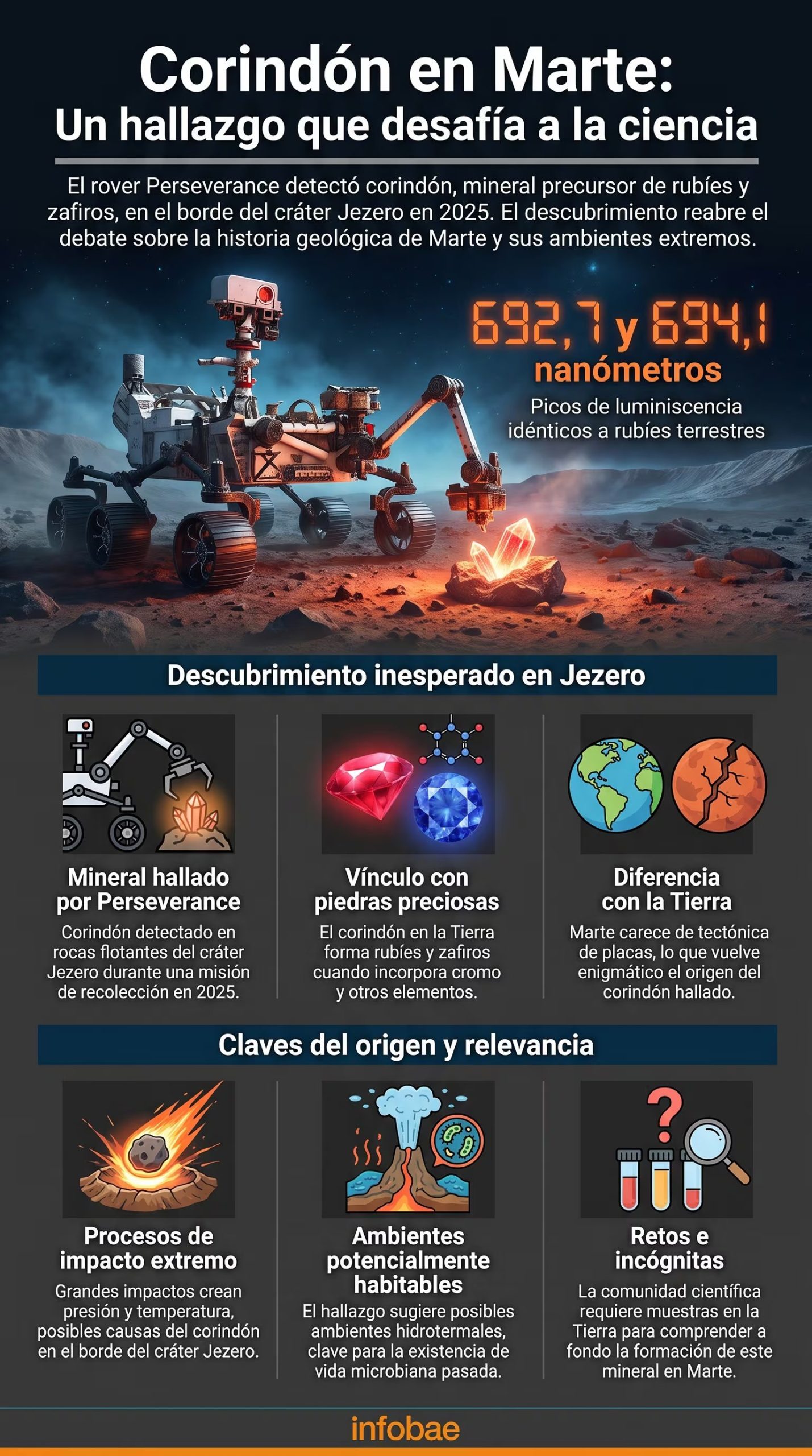 El descubrimiento de corind&oacute;n en Marte por el rover Perseverance se explica en una infograf&iacute;a que detalla su formaci&oacute;n geol&oacute;gica y las implicaciones cient&iacute;ficas de este hallazgo. (Imagen Ilustrativa Infobae)