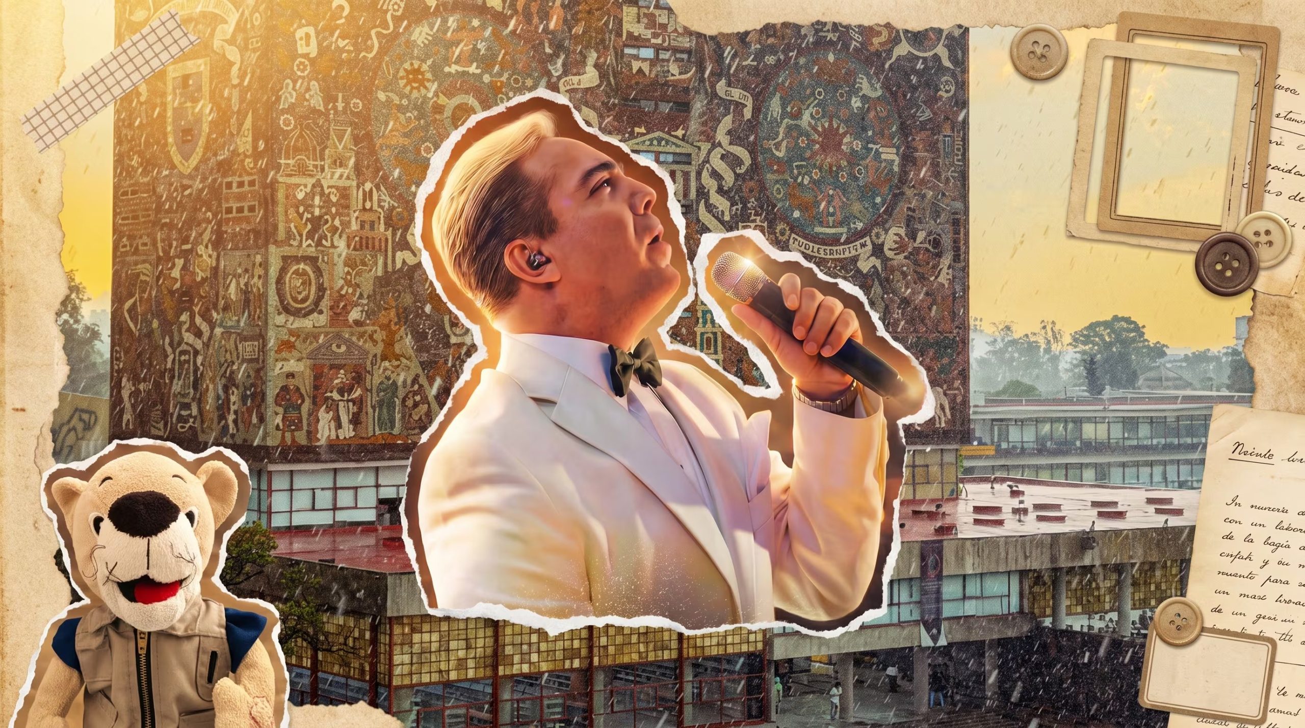 Una composici&oacute;n digital fusiona la imagen de un cantante en un traje blanco con el mural de la Biblioteca Central de la UNAM y elementos de &aacute;lbum de recortes. (Imagen Ilustrativa Infobae)