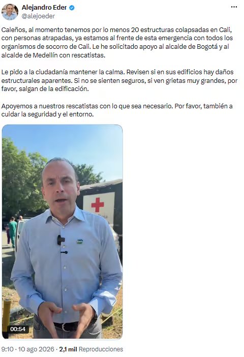 Alcalde de Cali alerta sobre personas atrapadas tras colapsos y exige reporte inmediato de da&ntilde;os - cr&eacute;dito @alejoeder/X