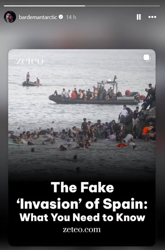 Historia subida por Javier Bardem sobre la crisis migratoria en Ceuta en agosto de 2026. (Instagram)