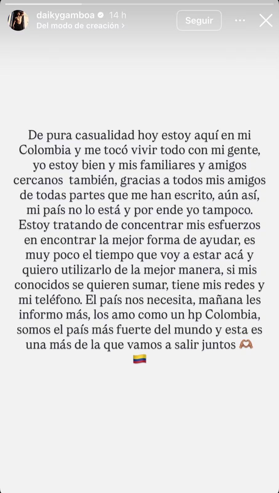 Daiky Gamboa comparte su experiencia y llama a la uni&oacute;n luego del fuerte temblor en Colombia - cr&eacute;dito daikygamboa/Instagram