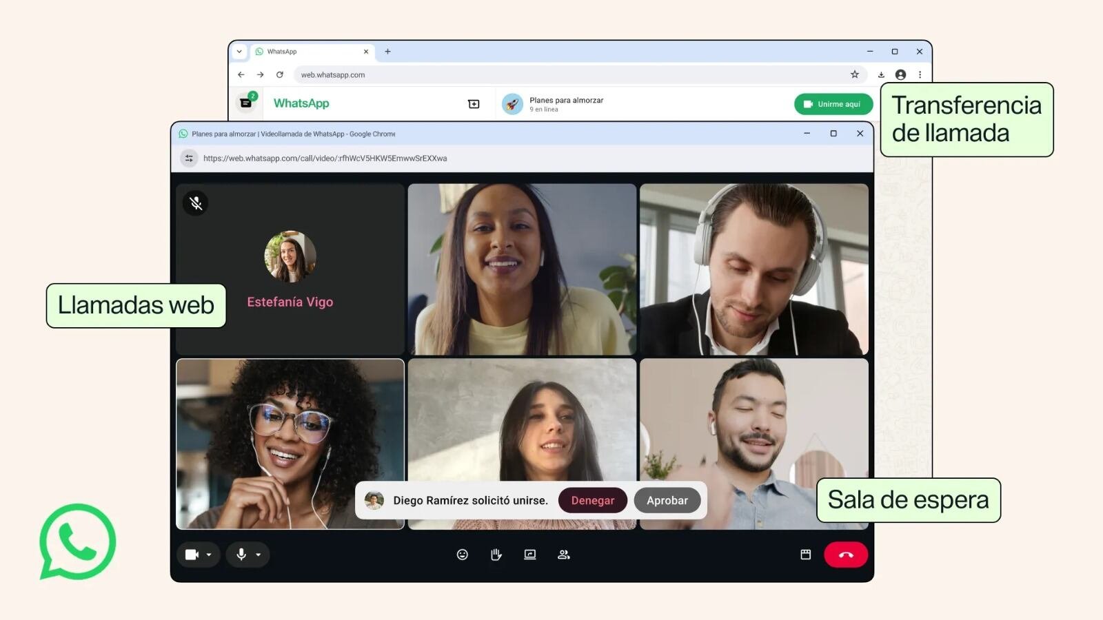 Videollamada web de WhatsApp con m&uacute;ltiples participantes y sala de espera. (WhatsApp)