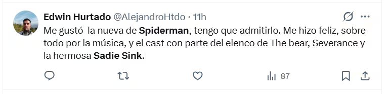 Los seguidores comparten su opini&oacute;n sobre la pel&iacute;cula de Spiderman y su elenco, con menci&oacute;n a Sadie Sink. (X)