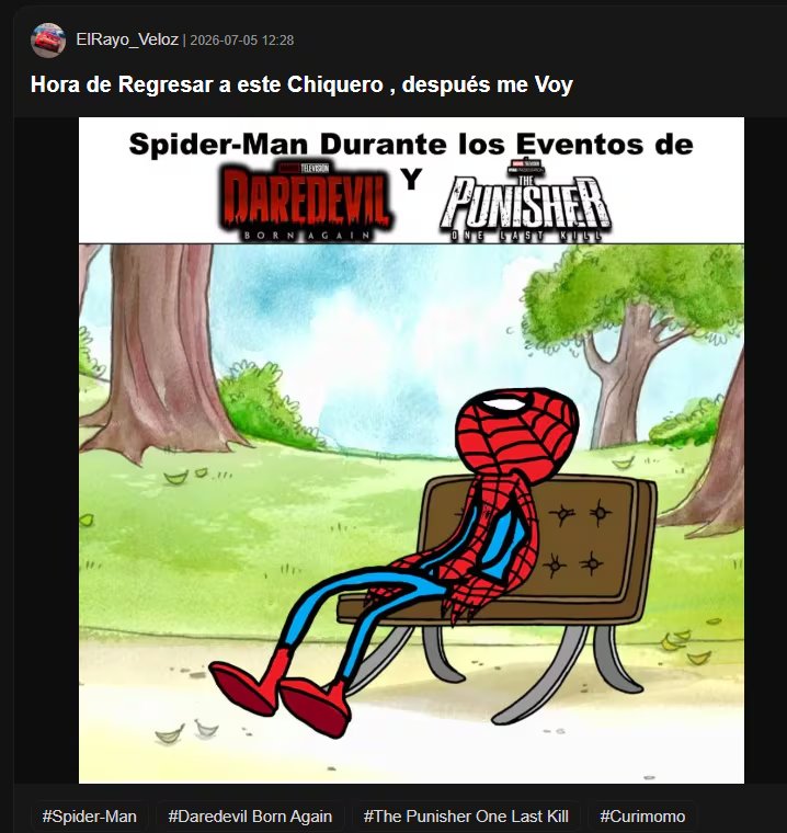 Un personaje con el traje de Spider-Man, dibujado al estilo de Mordecai, descansa en un banco de parque con un fondo de &aacute;rboles, en una ilustraci&oacute;n que alude a Daredevil y The Punisher. (Memedroid)