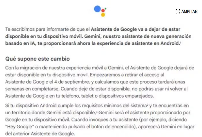 Google anuncia la eliminaci&oacute;n de su Asistente para darle paso a Gemini, su plataforma de IA. (Gemini)