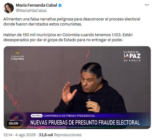 Mar&iacute;a Fernanda Cabal acus&oacute; al Gobierno de crear una narrativa falsa para desconocer las elecciones - cr&eacute;dito @MariaFdaCabal/X