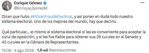 Enrique G&oacute;mez defendi&oacute; el sistema electoral y cuestion&oacute; denuncias de fraude - cr&eacute;dito @Enrique_GomezM/X