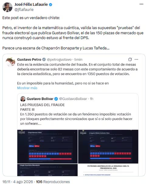 Jos&eacute; F&eacute;lix Lafaurie calific&oacute; de &ldquo;chiste&rdquo; las acusaciones de presunto fraude electoral - cr&eacute;dito @jflafaurie/X