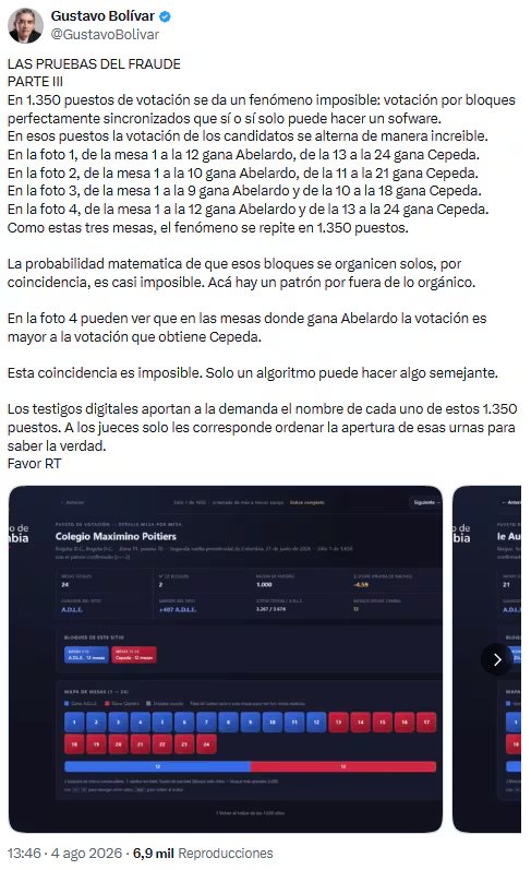 Gustavo Bol&iacute;var denunci&oacute; patr&oacute;n de votos &ldquo;imposible&rdquo; en 1.350 puestos y exigi&oacute; revisi&oacute;n de urnas - cr&eacute;dito @GustavoBolivar/X