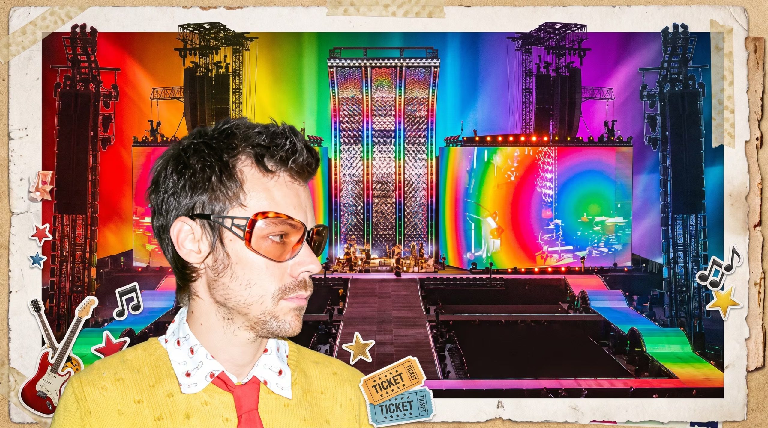 Un collage presenta a Harry Styles con un su&eacute;ter amarillo y gafas, superpuesto sobre un escenario musical vibrante y luces de arco&iacute;ris. (Imagen Ilustrativa Infobae)