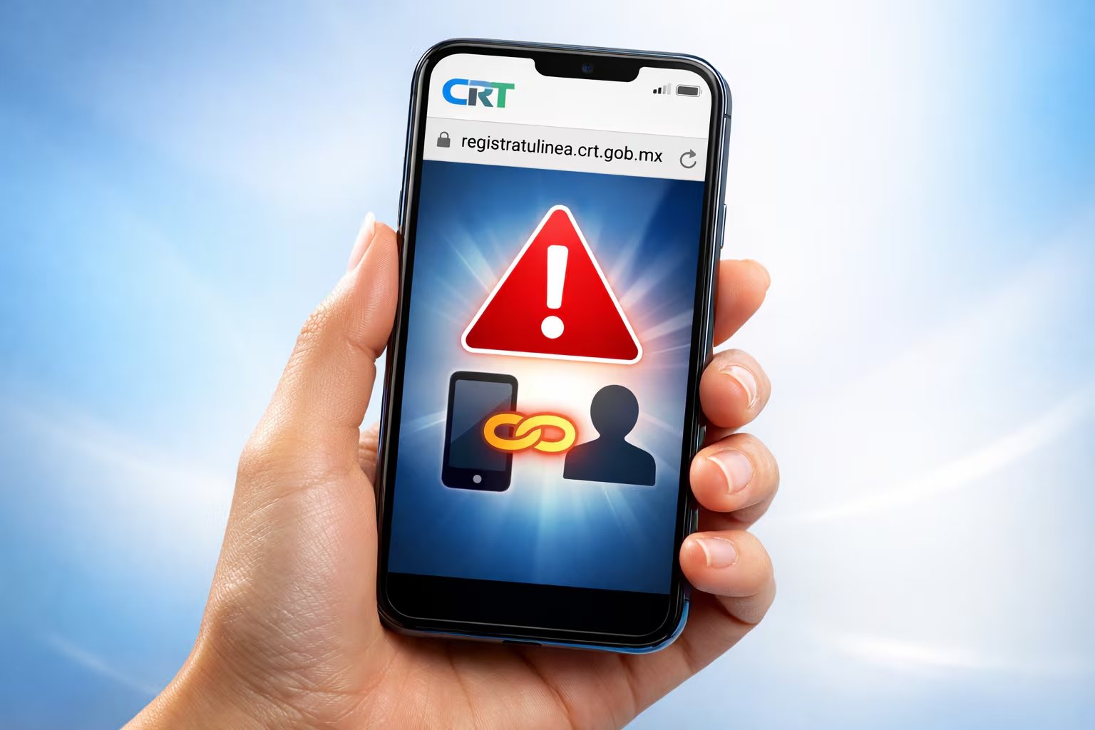 Una mano sostiene un tel&eacute;fono inteligente que exhibe el portal registratulinea.crt.gob.mx con una alerta visual sobre la vinculaci&oacute;n de l&iacute;neas telef&oacute;nicas. (Imagen Ilustrativa Infobae)