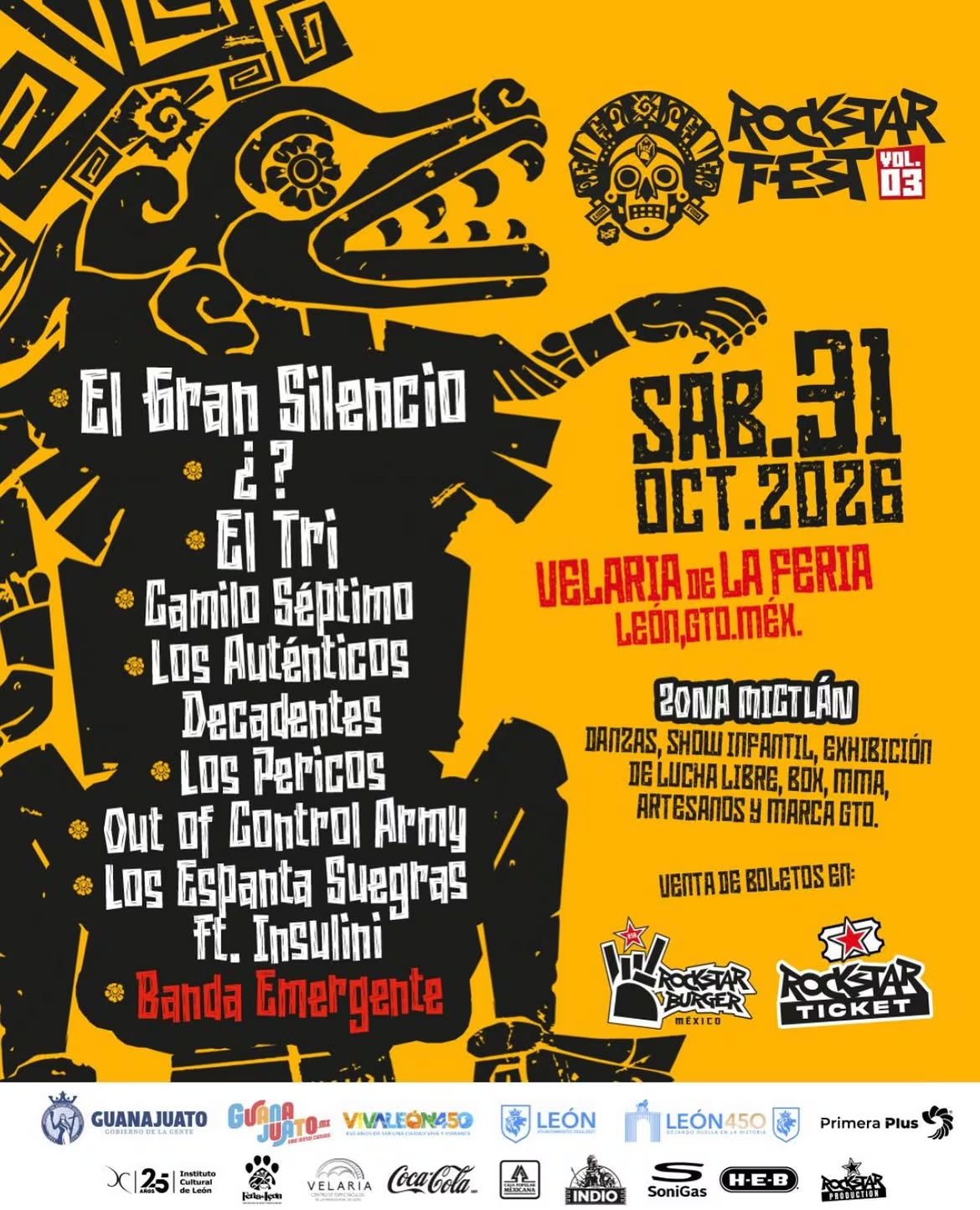 Un cartel promocional del Rockstar Fest Vol. 03 presenta la lista de bandas, la fecha del 31 de octubre de 2026 y las actividades en la Velaria de la Feria de Le&oacute;n, Guanajuato. (Rockstar Fest Vol. 3 Cartel oficial)