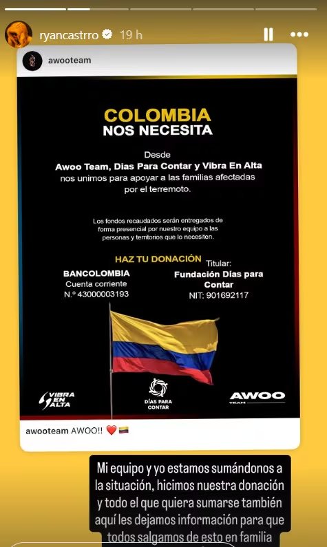 Ryan Castro se suma a los famosos que est&aacute;n recogiendo ayudas para los damnificados por terremoto en Colombia - cr&eacute;dito @ryancastro/IG