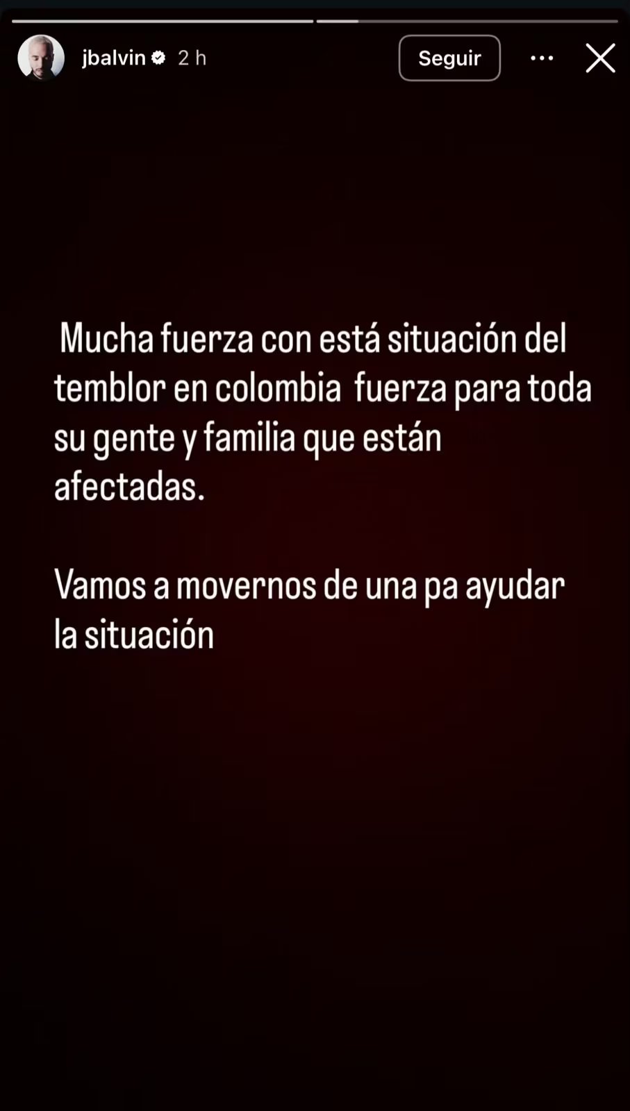 J Balvin env&iacute;a mensaje de aliento a los afectados por el sismo en Colombia - cr&eacute;dito jbalvin/Instagram