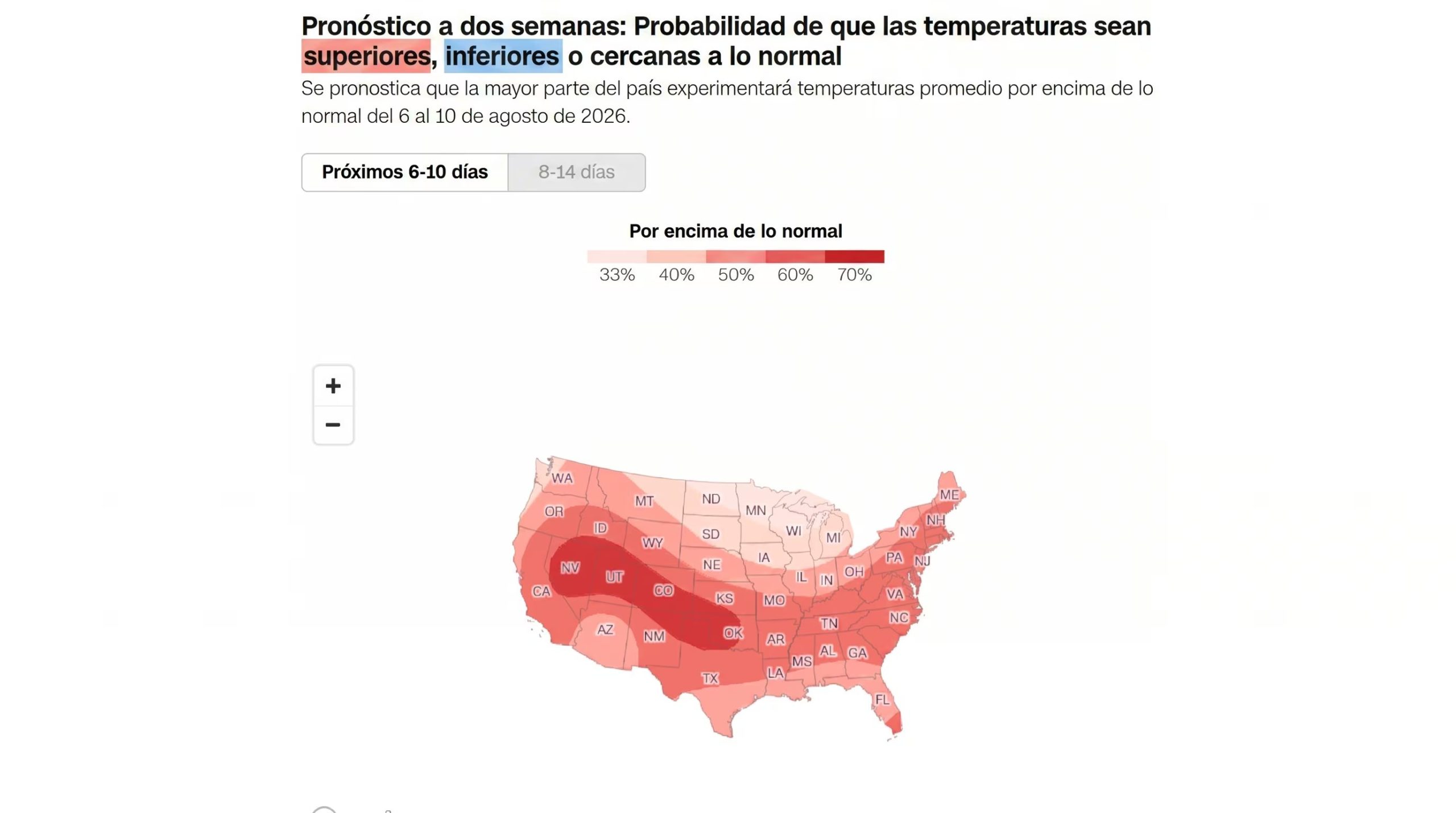 Un mapa de los Estados Unidos indica la probabilidad de temperaturas promedio superiores a lo normal para la mayor parte del pa&iacute;s entre el 6 y el 10 de agosto de 2026 (Mapbox)