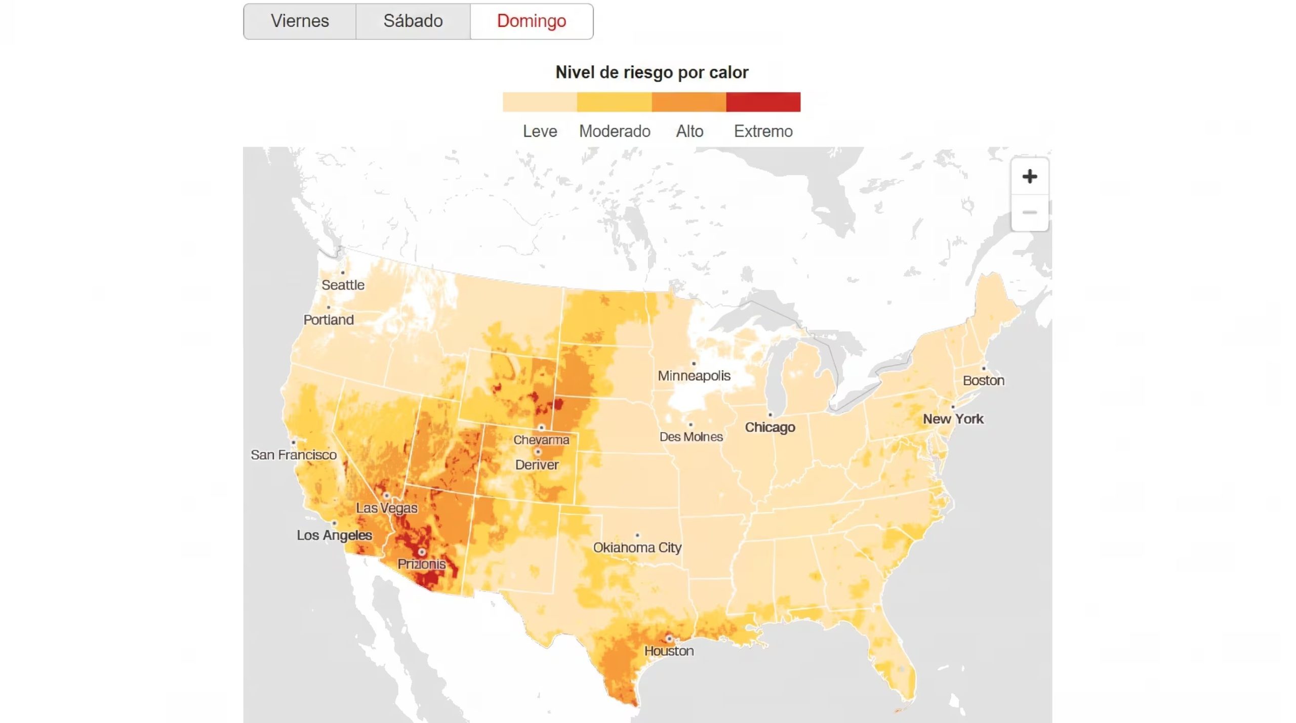 Un mapa de Estados Unidos muestra los niveles de riesgo por calor en diferentes regiones para el d&iacute;a domingo (Mapbox)